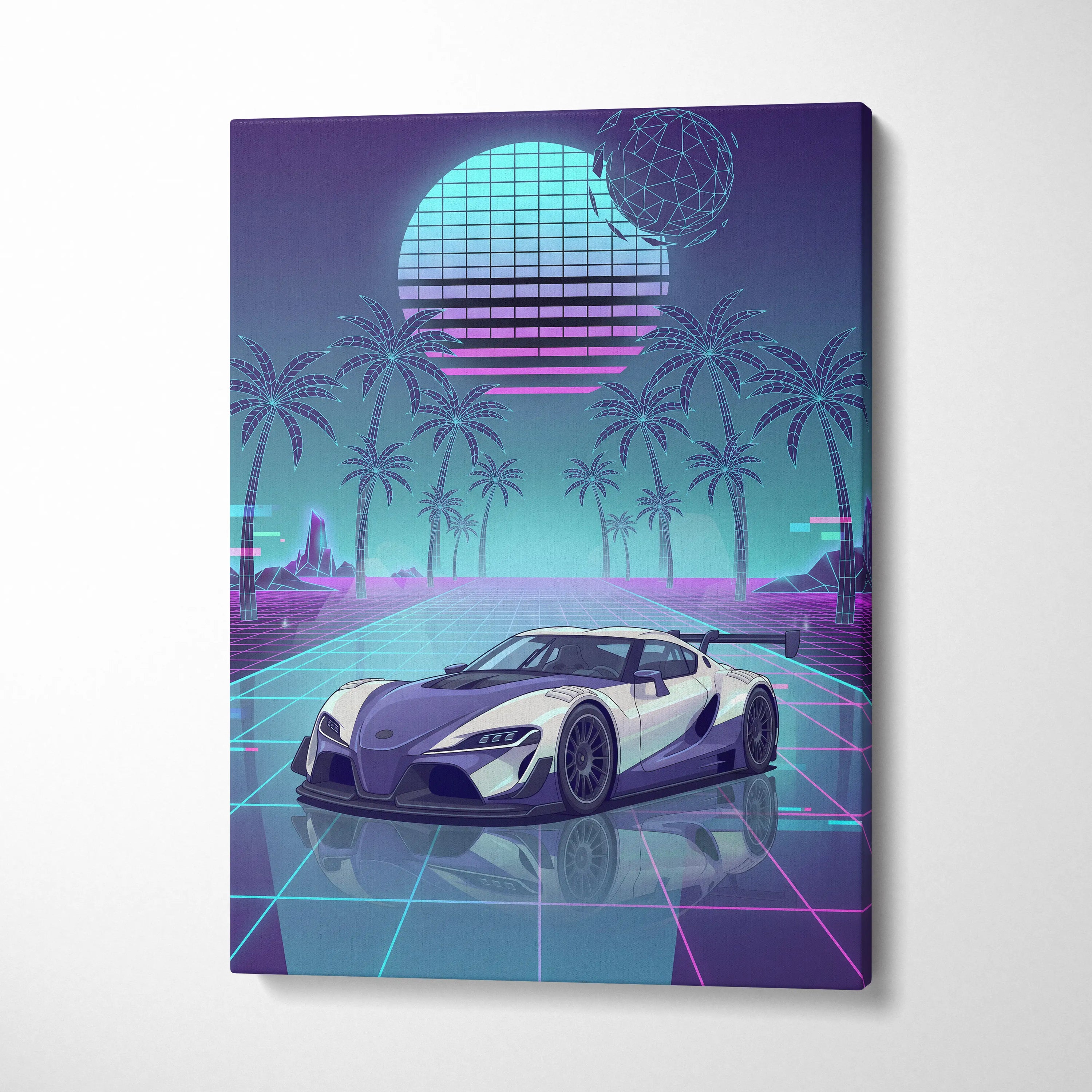 Toyota GR Supra Inspired White Teal Canvas Wall Art Vaporwave Sports Car Artwork Neon Palm Garage Decor Retro Futuristic JDM Print