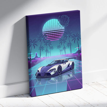 Toyota GR Supra Inspired White Teal Canvas Wall Art Vaporwave Sports Car Artwork Neon Palm Garage Decor Retro Futuristic JDM Print