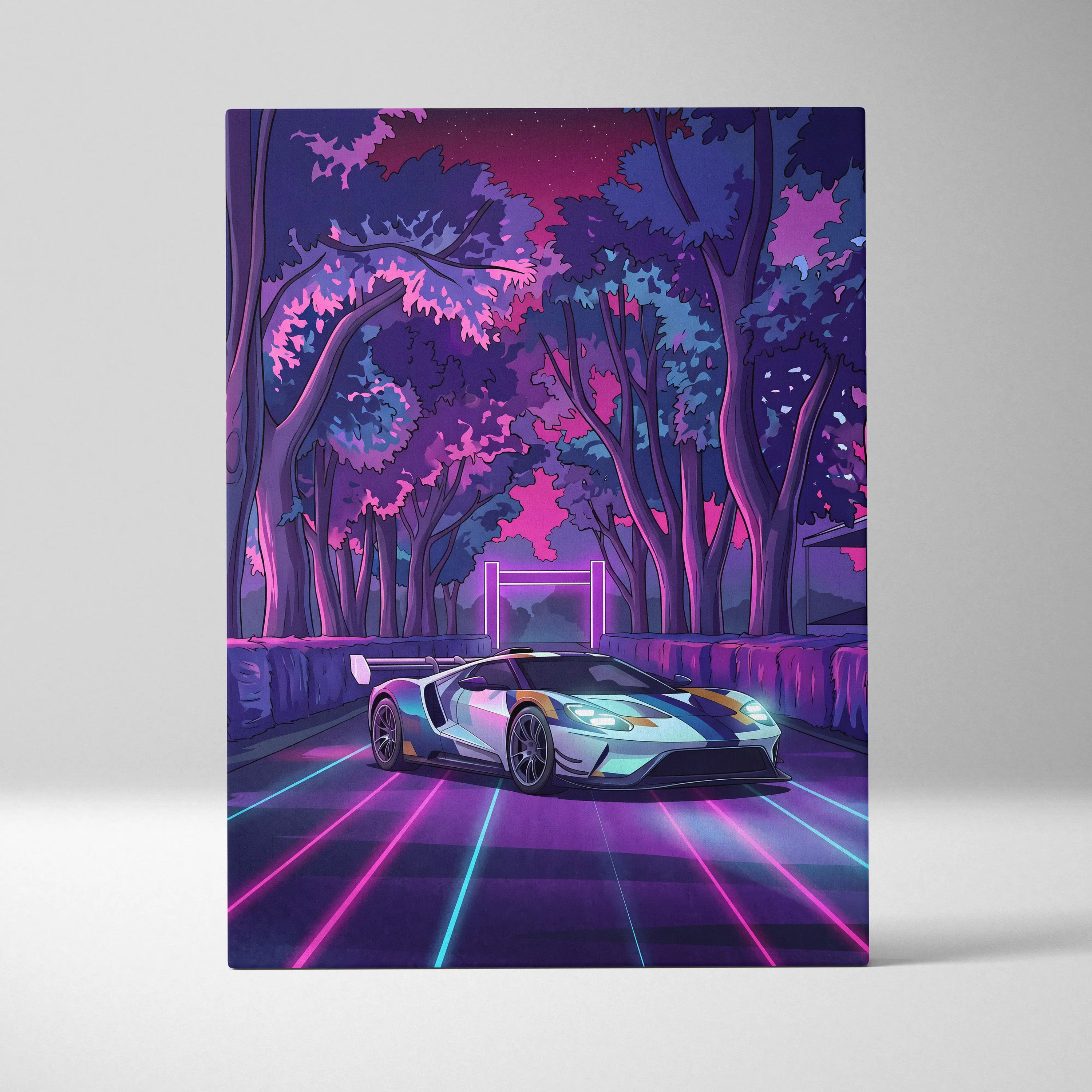 Ford GT Inspired White Blue Canvas Wall Art, Vaporwave Supercar Artwork, Neon Forest Garage Decor, Retro Futuristic Exotic Car Print