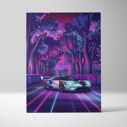 Ford GT Inspired White Blue Canvas Wall Art, Vaporwave Supercar Artwork, Neon Forest Garage Decor, Retro Futuristic Exotic Car Print