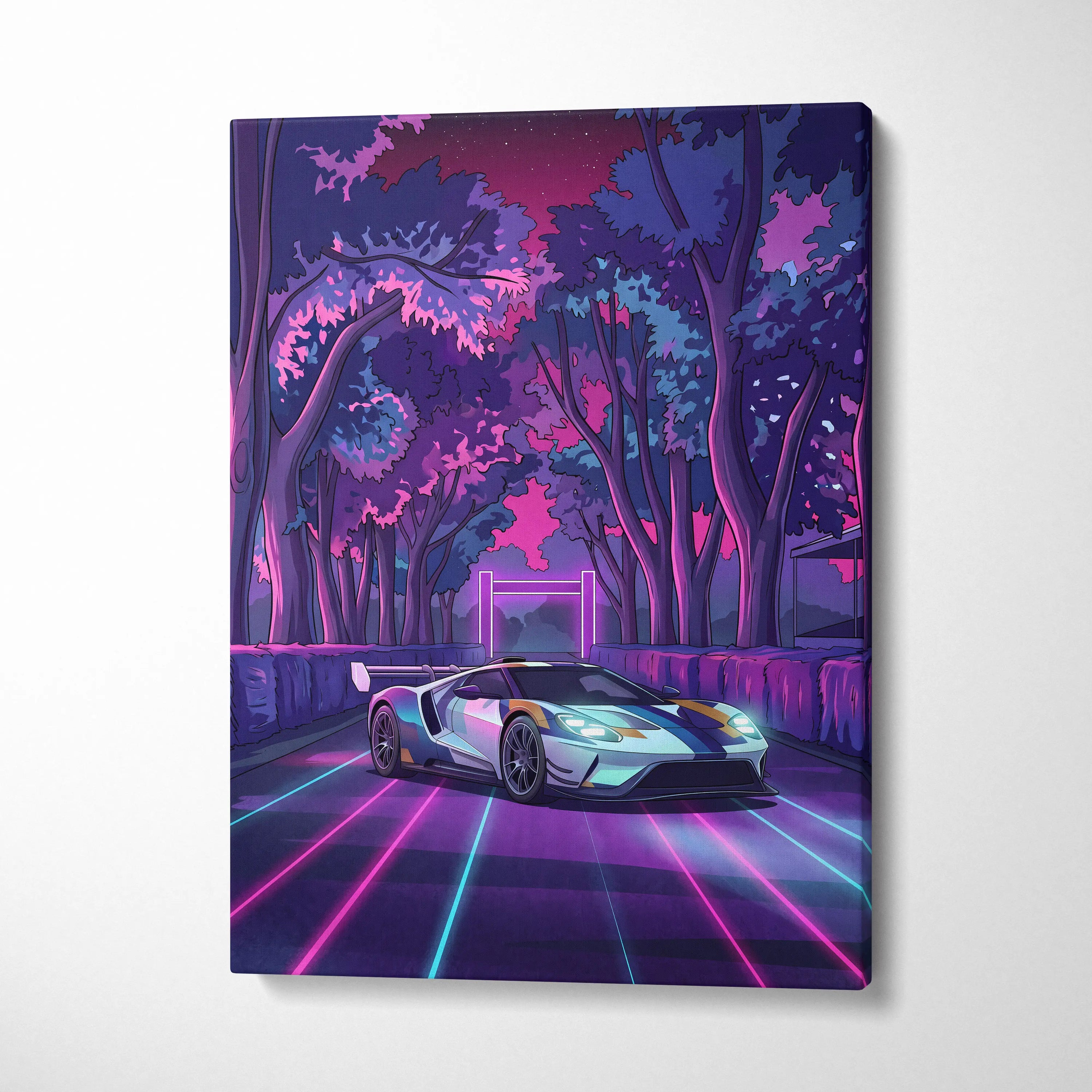 Ford GT Inspired White Blue Canvas Wall Art, Vaporwave Supercar Artwork, Neon Forest Garage Decor, Retro Futuristic Exotic Car Print