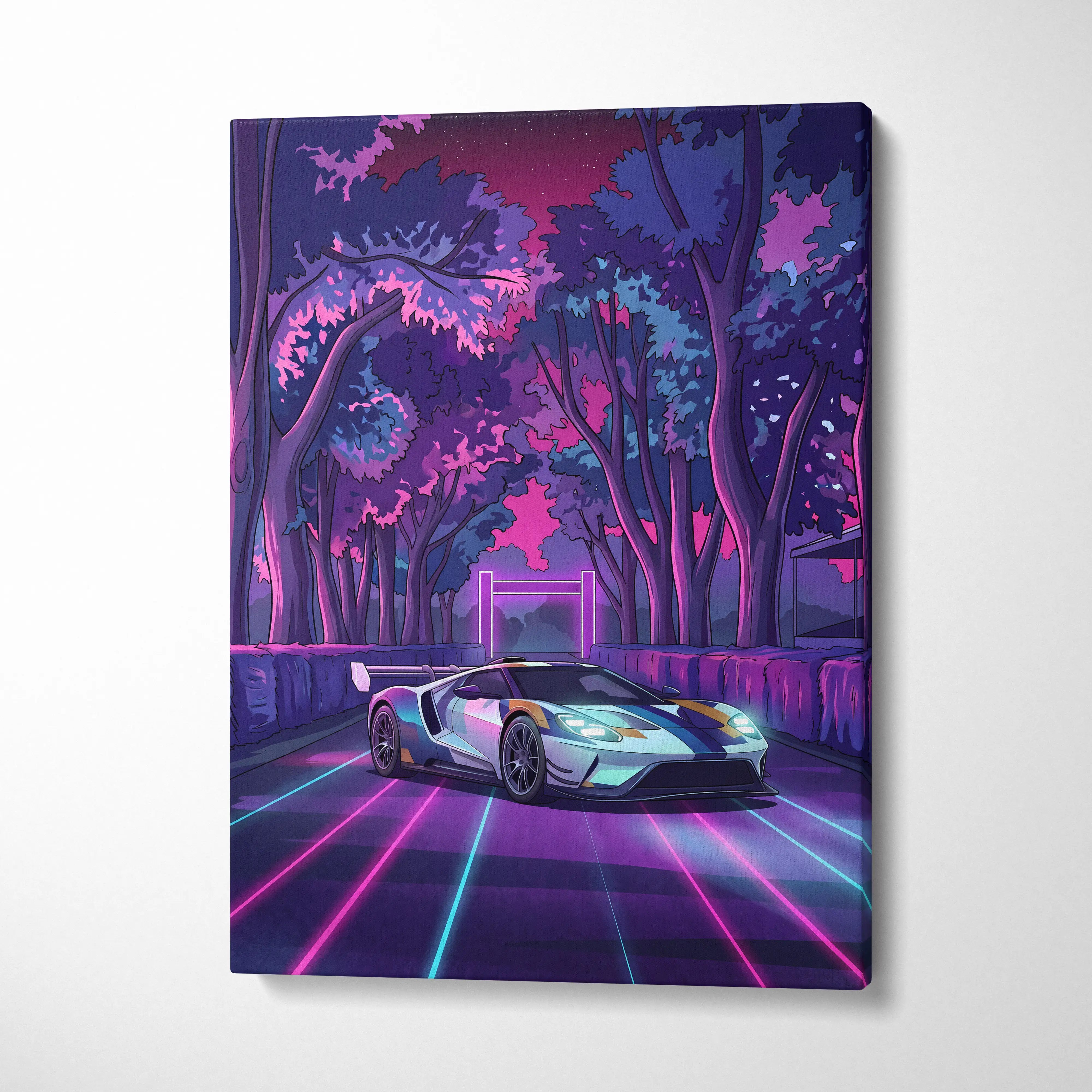 Ford GT Inspired White Blue Canvas Wall Art, Vaporwave Supercar Artwork, Neon Forest Garage Decor, Retro Futuristic Exotic Car Print