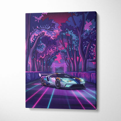 Ford GT Inspired White Blue Canvas Wall Art, Vaporwave Supercar Artwork, Neon Forest Garage Decor, Retro Futuristic Exotic Car Print