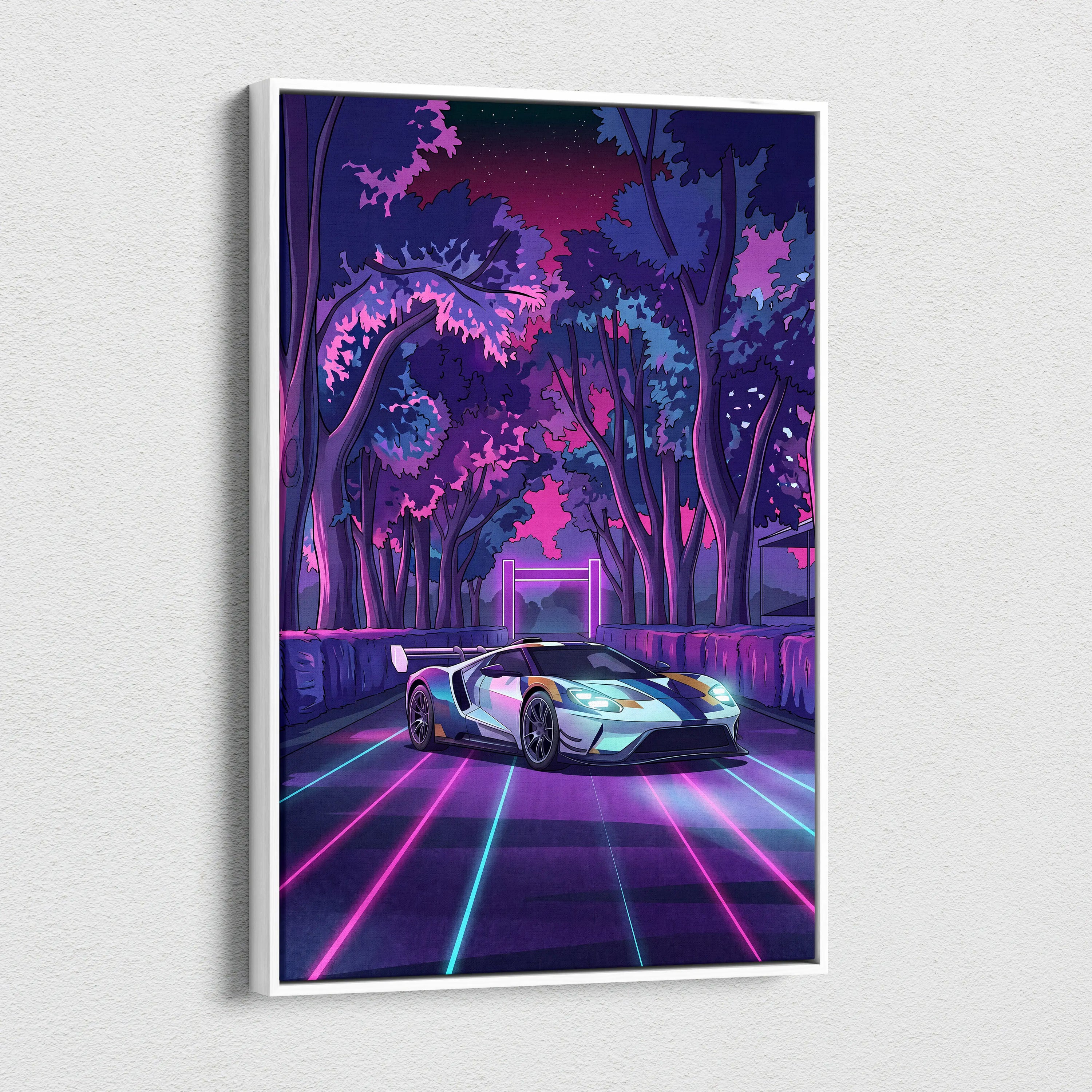 Ford GT Inspired White Blue Canvas Wall Art, Vaporwave Supercar Artwork, Neon Forest Garage Decor, Retro Futuristic Exotic Car Print