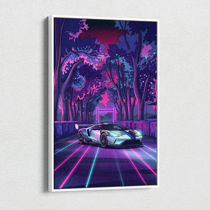 Ford GT Inspired White Blue Canvas Wall Art, Vaporwave Supercar Artwork, Neon Forest Garage Decor, Retro Futuristic Exotic Car Print