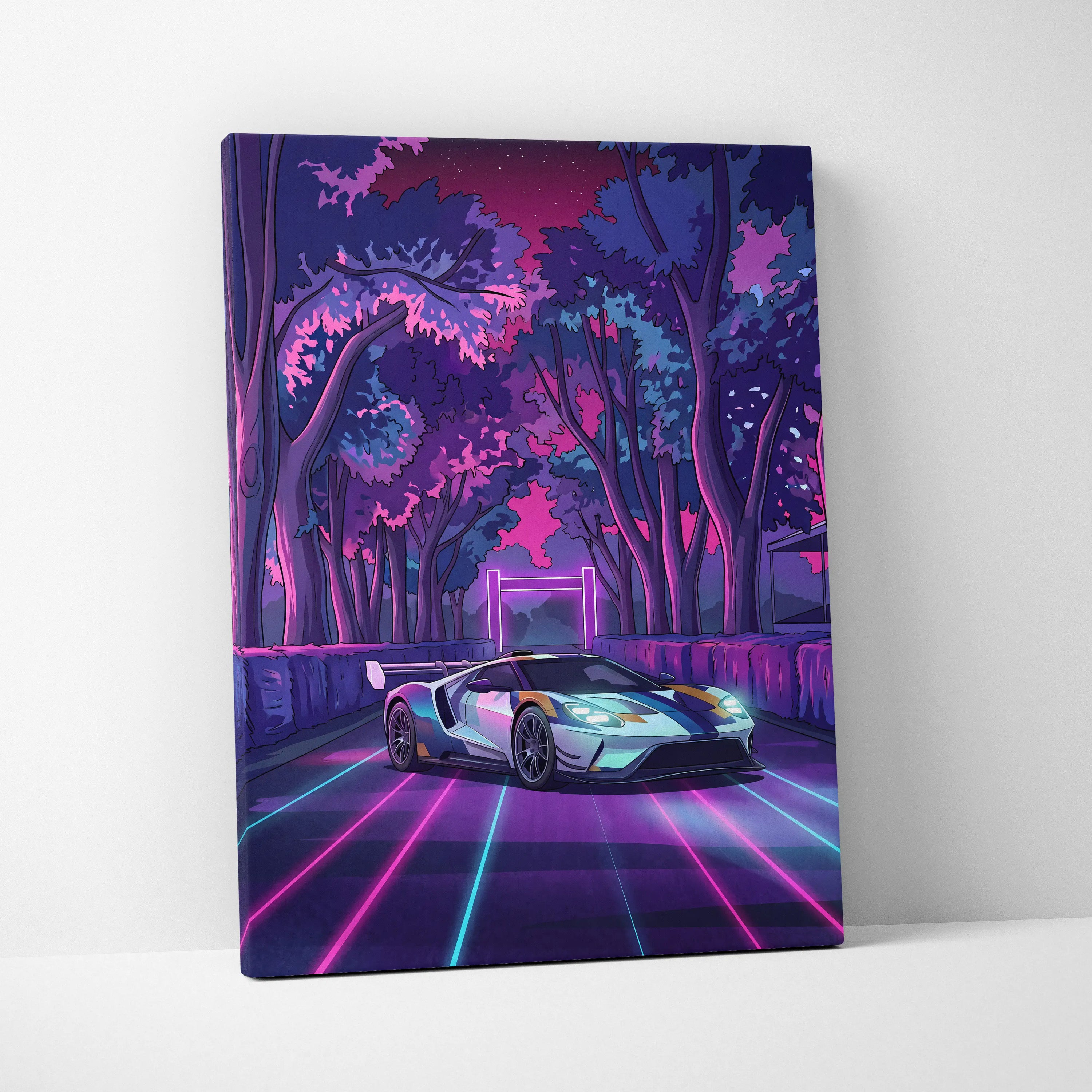 Ford GT Inspired White Blue Canvas Wall Art, Vaporwave Supercar Artwork, Neon Forest Garage Decor, Retro Futuristic Exotic Car Print