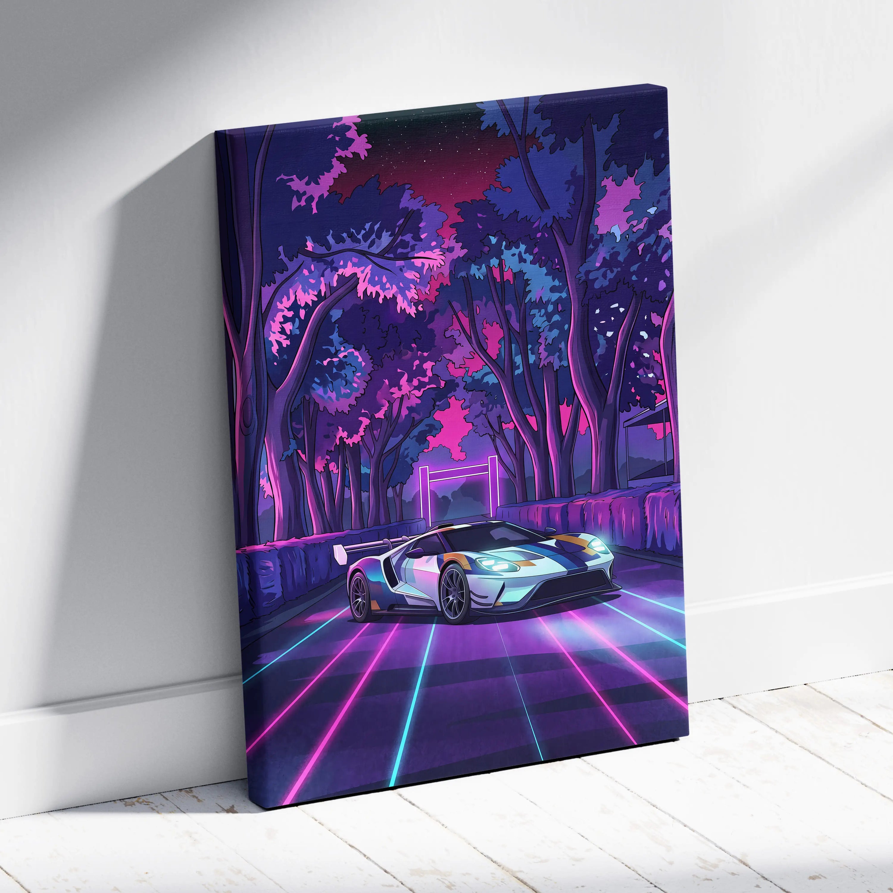 Ford GT Inspired White Blue Canvas Wall Art, Vaporwave Supercar Artwork, Neon Forest Garage Decor, Retro Futuristic Exotic Car Print