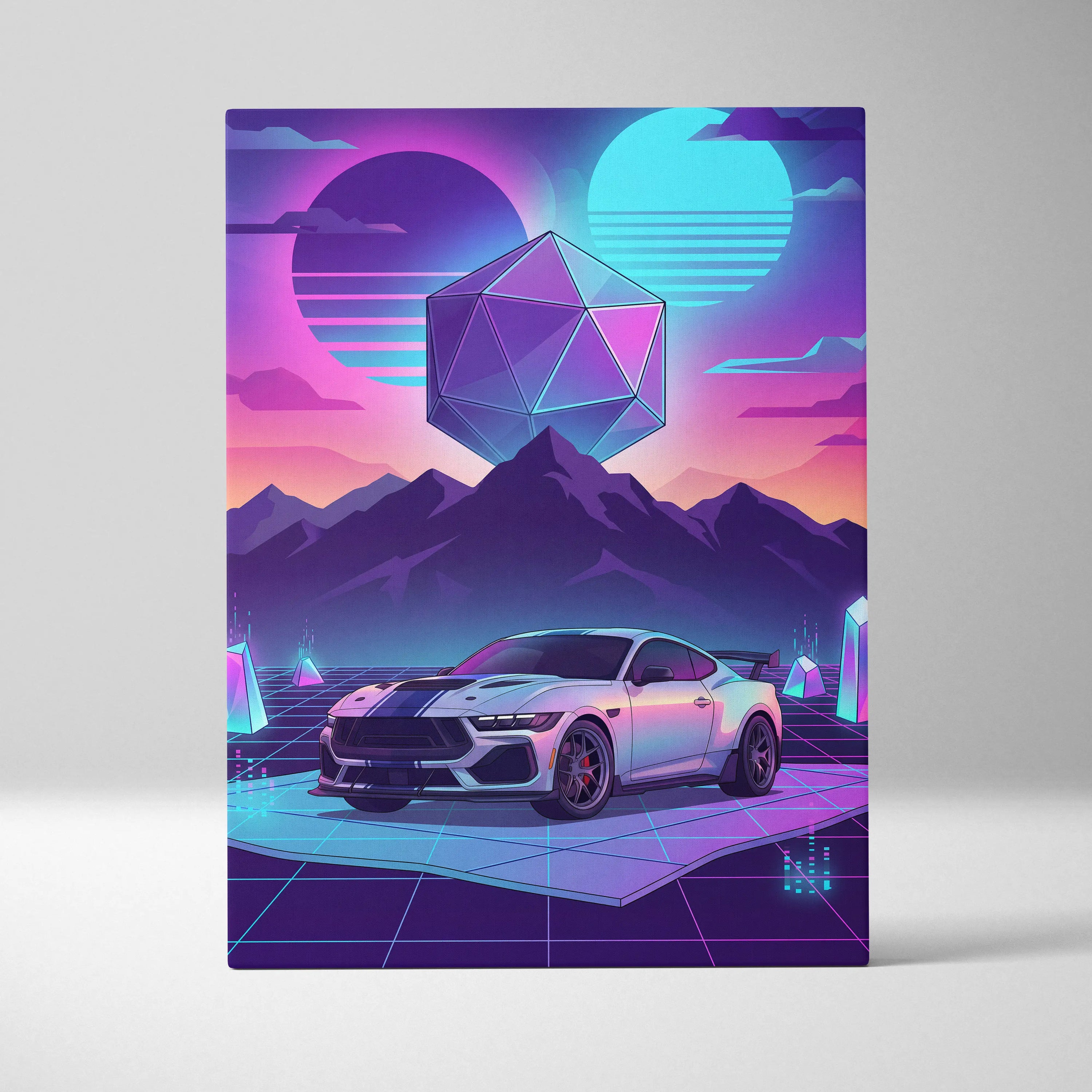 Ford Mustang Darkhorse Super Snake Inspired White Purple Canvas Wall Art, Vaporwave Muscle Car Artwork, Neon Mountain Garage Decor, Retro Futuristic Print