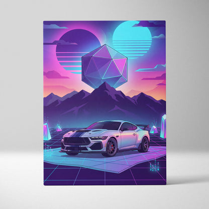 Ford Mustang Darkhorse Super Snake Inspired White Purple Canvas Wall Art, Vaporwave Muscle Car Artwork, Neon Mountain Garage Decor, Retro Futuristic Print