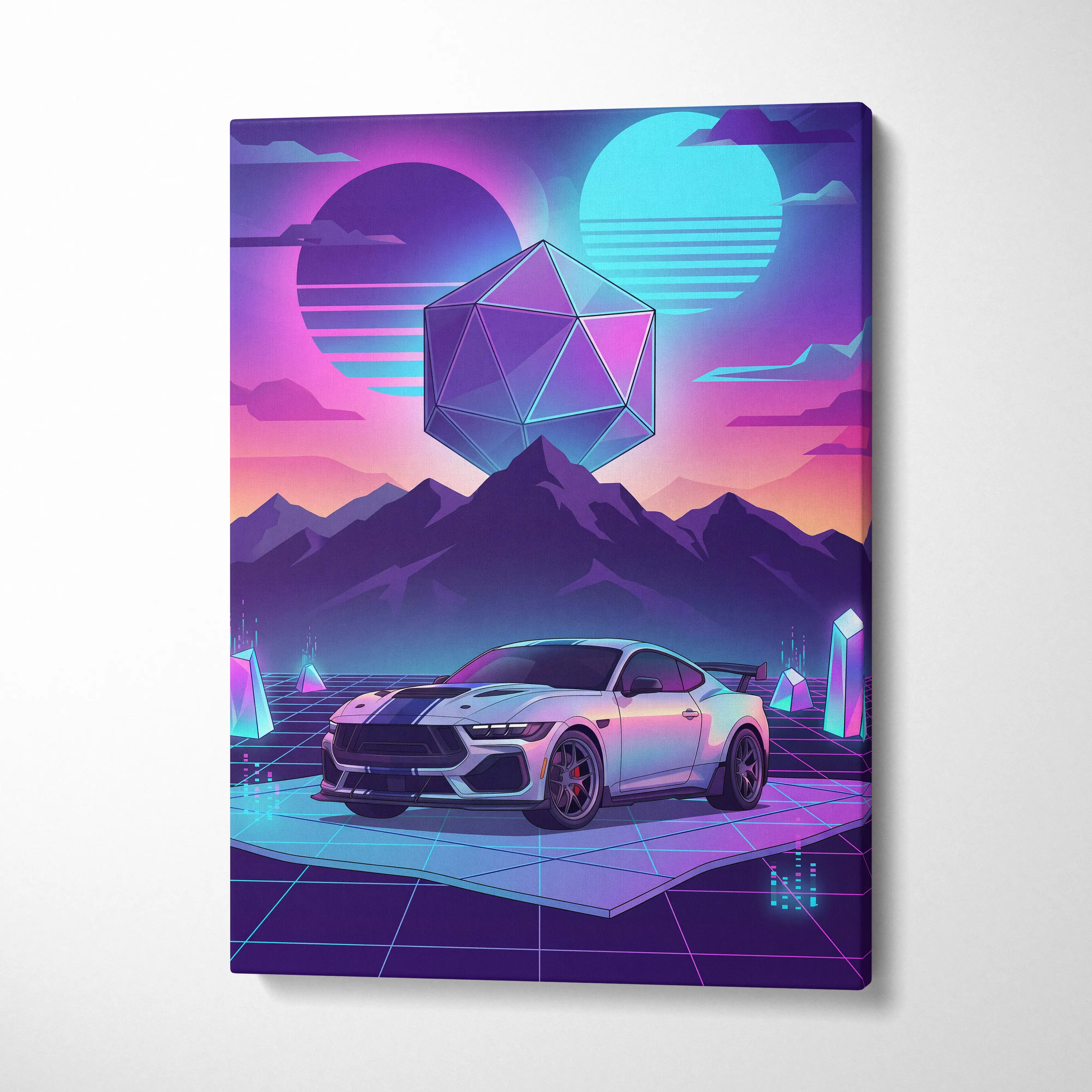 Ford Mustang Darkhorse Super Snake Inspired White Purple Canvas Wall Art, Vaporwave Muscle Car Artwork, Neon Mountain Garage Decor, Retro Futuristic Print