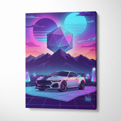 Ford Mustang Darkhorse Super Snake Inspired White Purple Canvas Wall Art, Vaporwave Muscle Car Artwork, Neon Mountain Garage Decor, Retro Futuristic Print