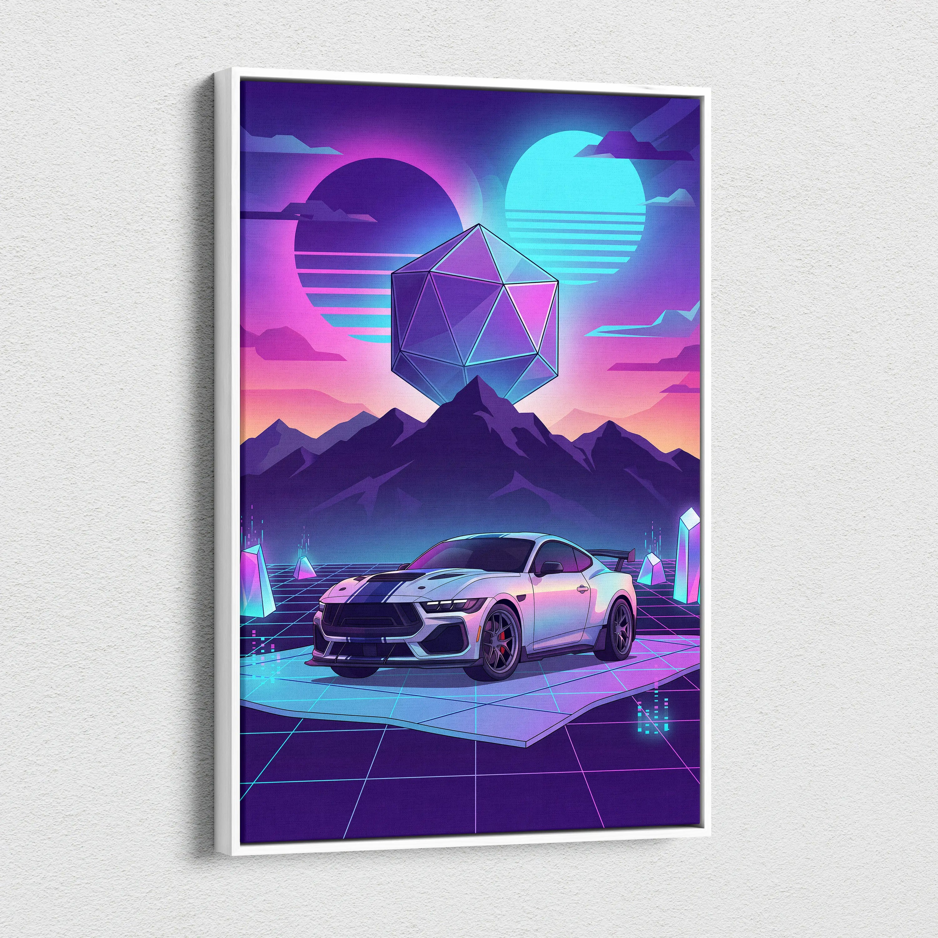 Ford Mustang Darkhorse Super Snake Inspired White Purple Canvas Wall Art, Vaporwave Muscle Car Artwork, Neon Mountain Garage Decor, Retro Futuristic Print