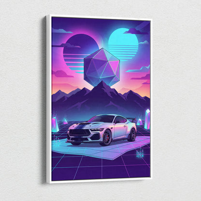 Ford Mustang Darkhorse Super Snake Inspired White Purple Canvas Wall Art, Vaporwave Muscle Car Artwork, Neon Mountain Garage Decor, Retro Futuristic Print