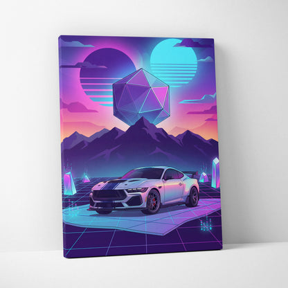 Ford Mustang Darkhorse Super Snake Inspired White Purple Canvas Wall Art, Vaporwave Muscle Car Artwork, Neon Mountain Garage Decor, Retro Futuristic Print