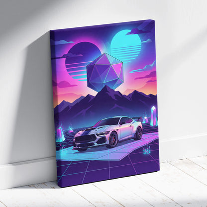 Ford Mustang Darkhorse Super Snake Inspired White Purple Canvas Wall Art, Vaporwave Muscle Car Artwork, Neon Mountain Garage Decor, Retro Futuristic Print