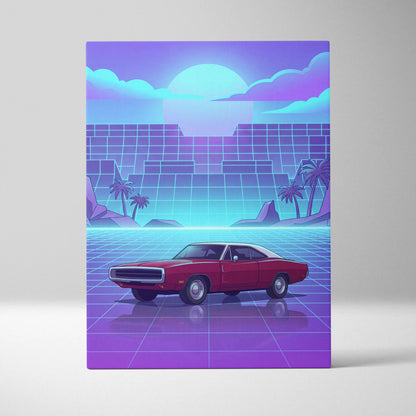 Dodge Charger Inspired Red Purple Canvas Wall Art, Vaporwave Muscle Car Artwork, Neon Grid Garage Decor, Retro Futuristic Classic Print