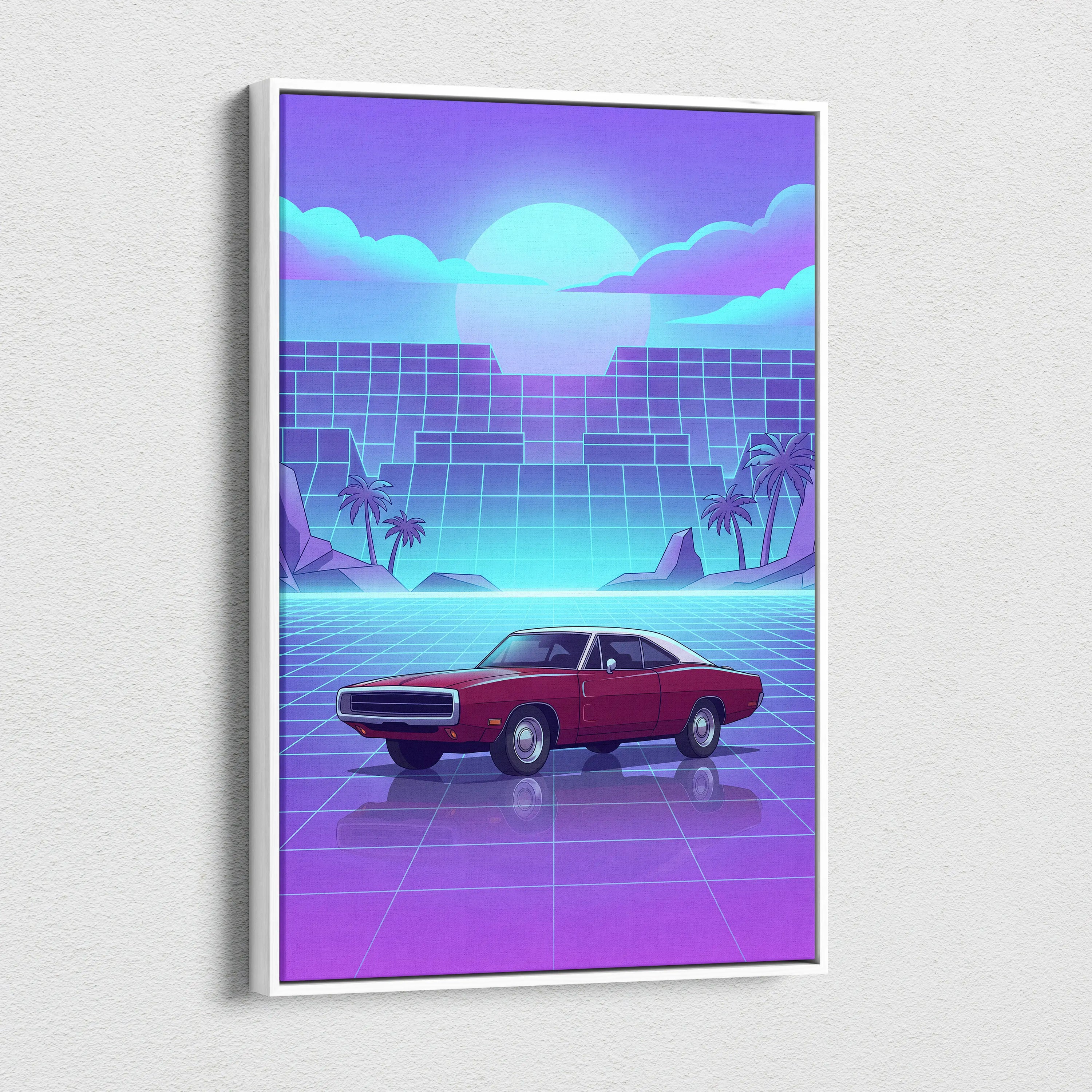 Dodge Charger Inspired Red Purple Canvas Wall Art, Vaporwave Muscle Car Artwork, Neon Grid Garage Decor, Retro Futuristic Classic Print