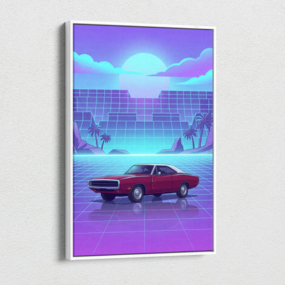 Dodge Charger Inspired Red Purple Canvas Wall Art, Vaporwave Muscle Car Artwork, Neon Grid Garage Decor, Retro Futuristic Classic Print
