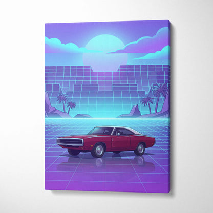 Dodge Charger Inspired Red Purple Canvas Wall Art, Vaporwave Muscle Car Artwork, Neon Grid Garage Decor, Retro Futuristic Classic Print