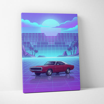 Dodge Charger Inspired Red Purple Canvas Wall Art, Vaporwave Muscle Car Artwork, Neon Grid Garage Decor, Retro Futuristic Classic Print