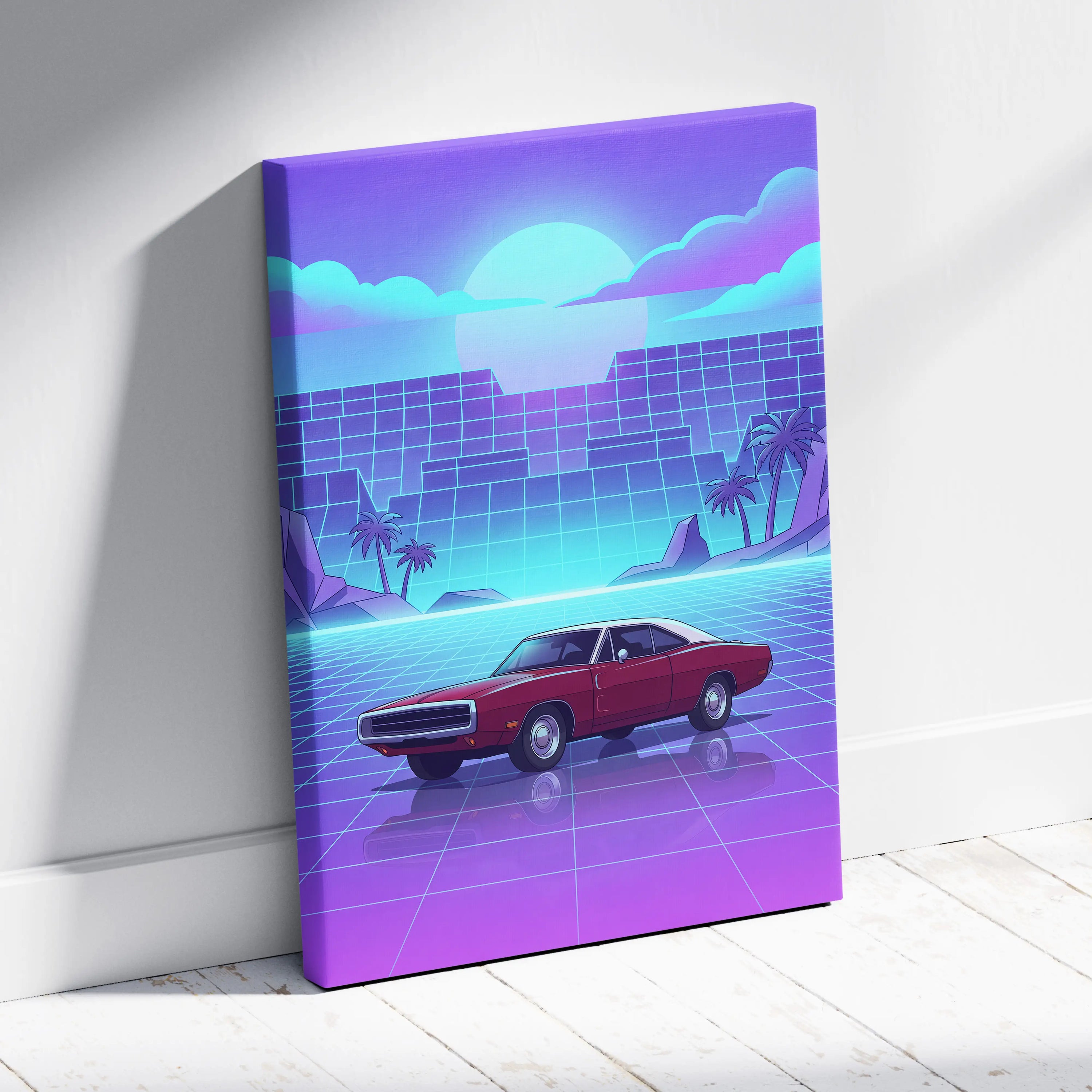 Dodge Charger Inspired Red Purple Canvas Wall Art, Vaporwave Muscle Car Artwork, Neon Grid Garage Decor, Retro Futuristic Classic Print