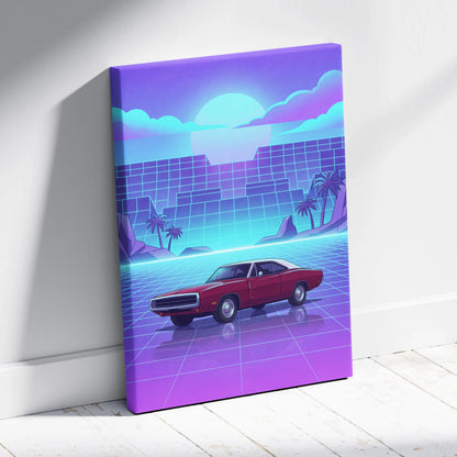 Dodge Charger Inspired Red Purple Canvas Wall Art, Vaporwave Muscle Car Artwork, Neon Grid Garage Decor, Retro Futuristic Classic Print
