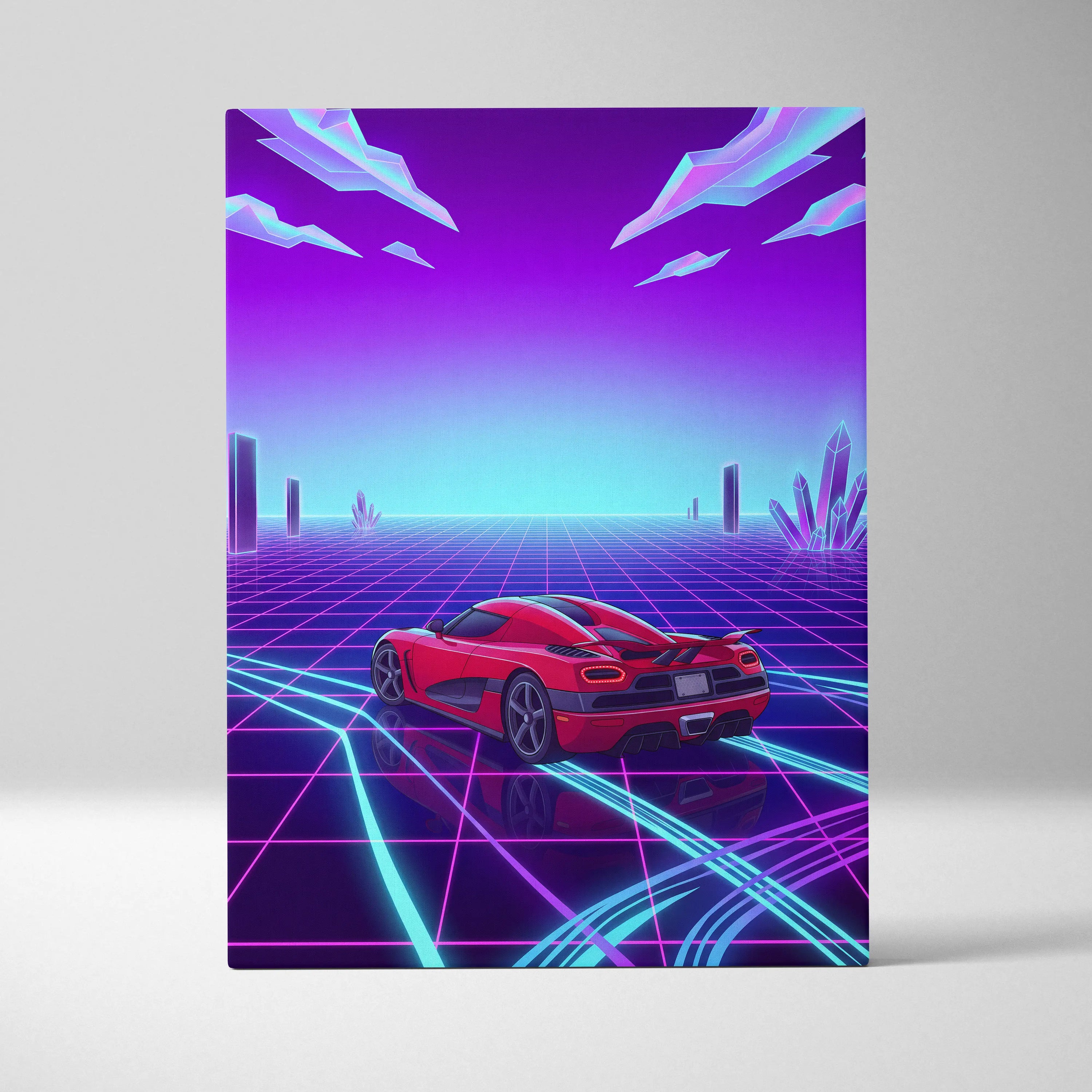 Koenigsegg Agera RS Inspired Red Purple Canvas Wall Art, Vaporwave Hypercar Artwork, Neon Grid Garage Decor, Retro Futuristic Exotic Car Print