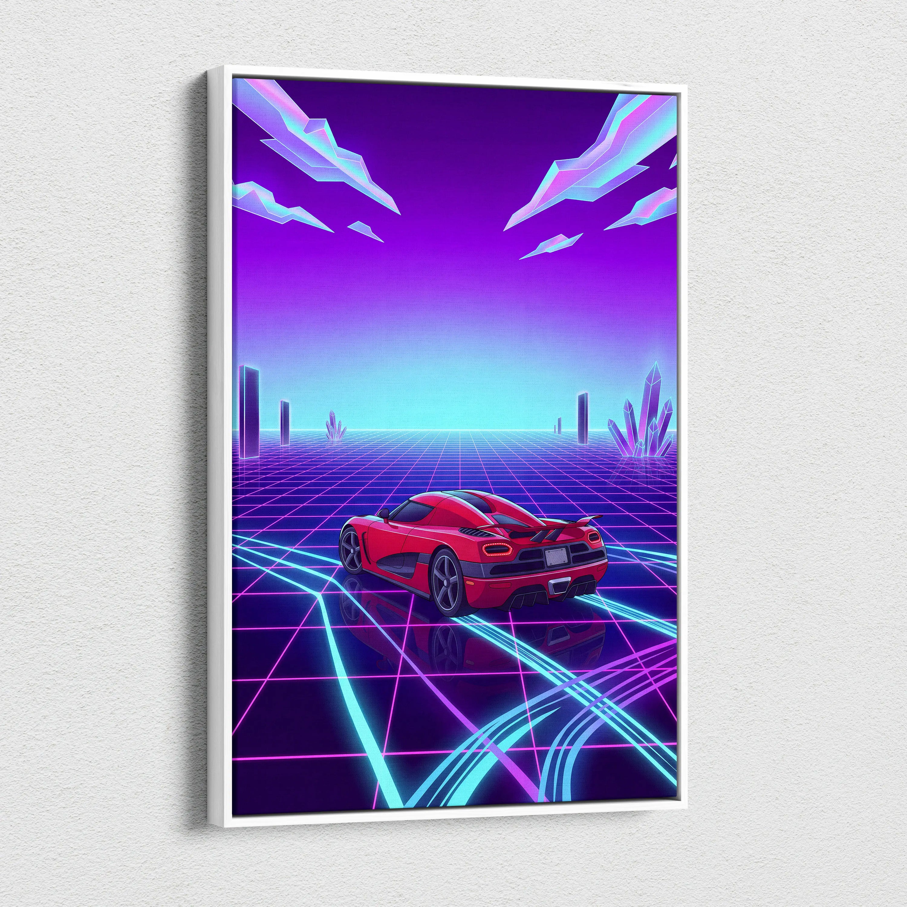 Koenigsegg Agera RS Inspired Red Purple Canvas Wall Art, Vaporwave Hypercar Artwork, Neon Grid Garage Decor, Retro Futuristic Exotic Car Print
