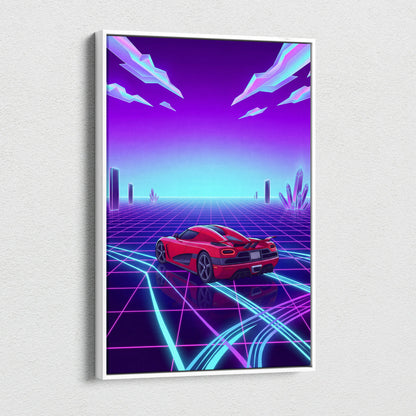 Koenigsegg Agera RS Inspired Red Purple Canvas Wall Art, Vaporwave Hypercar Artwork, Neon Grid Garage Decor, Retro Futuristic Exotic Car Print