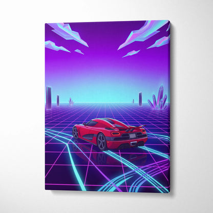 Koenigsegg Agera RS Inspired Red Purple Canvas Wall Art, Vaporwave Hypercar Artwork, Neon Grid Garage Decor, Retro Futuristic Exotic Car Print