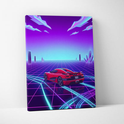 Koenigsegg Agera RS Inspired Red Purple Canvas Wall Art, Vaporwave Hypercar Artwork, Neon Grid Garage Decor, Retro Futuristic Exotic Car Print