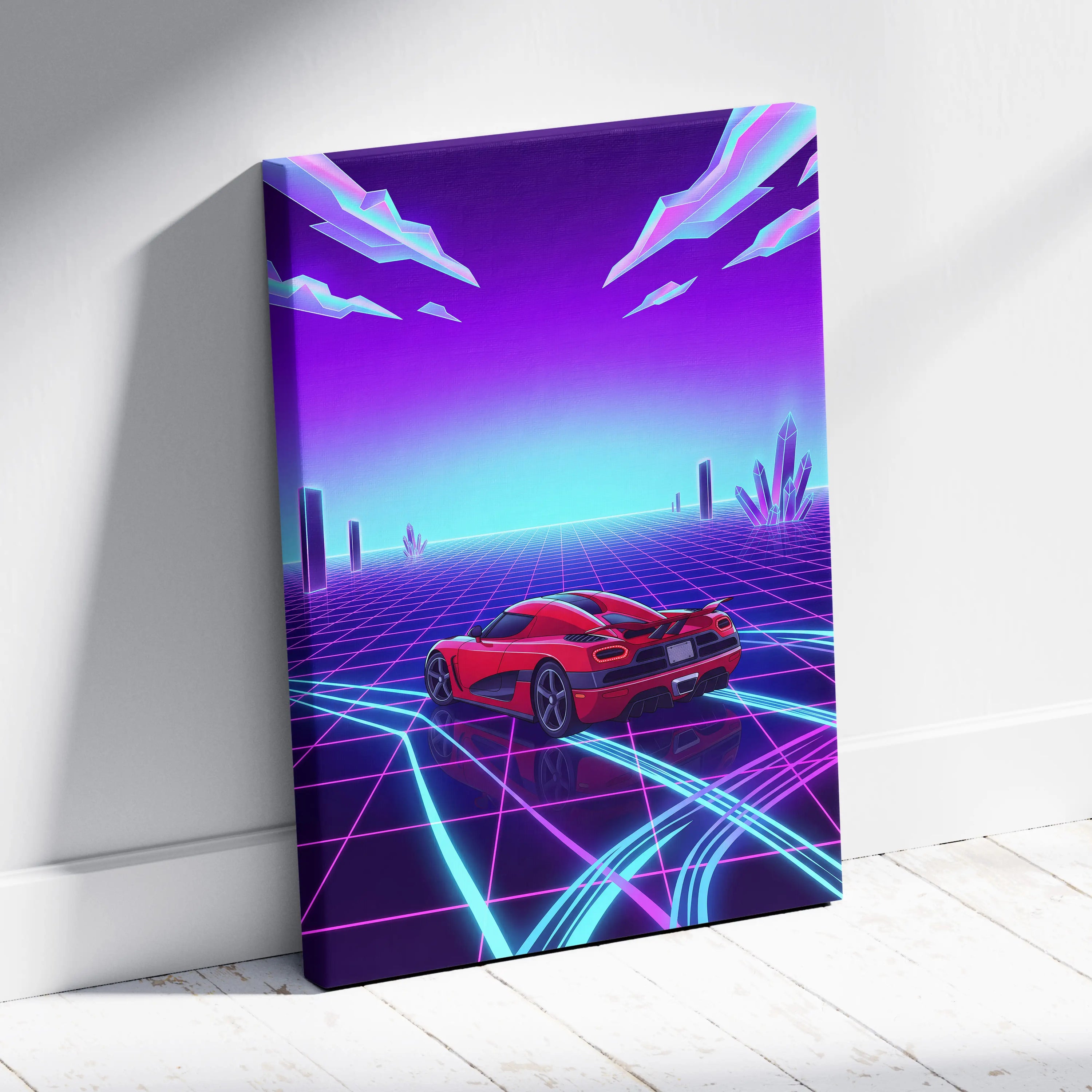 Koenigsegg Agera RS Inspired Red Purple Canvas Wall Art, Vaporwave Hypercar Artwork, Neon Grid Garage Decor, Retro Futuristic Exotic Car Print