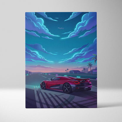 Koenigsegg Agera Inspired Red Blue Canvas Wall Art, Vaporwave Hypercar Artwork, Neon Runway Garage Decor, Retro Futuristic Exotic Print