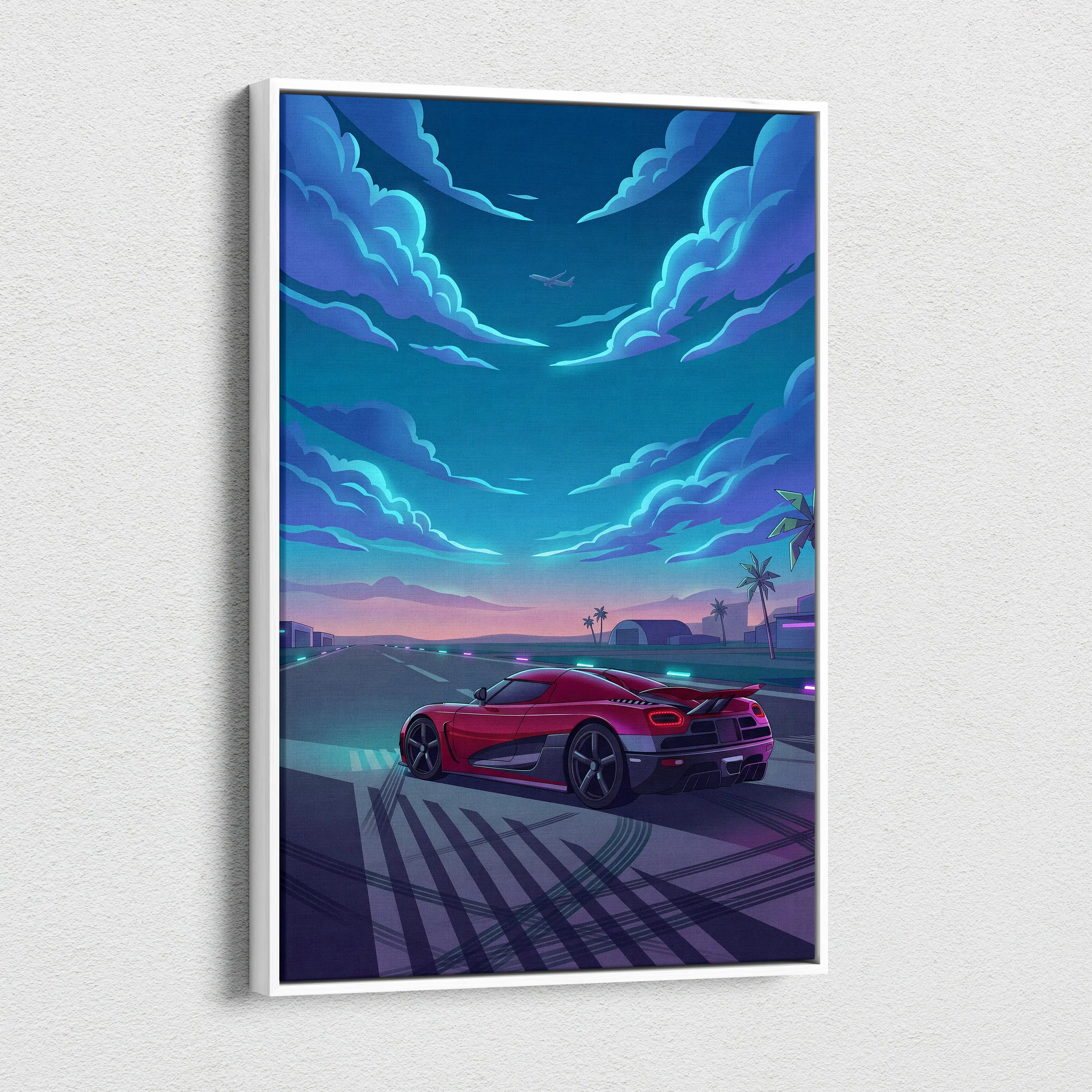 Koenigsegg Agera Inspired Red Blue Canvas Wall Art, Vaporwave Hypercar Artwork, Neon Runway Garage Decor, Retro Futuristic Exotic Print