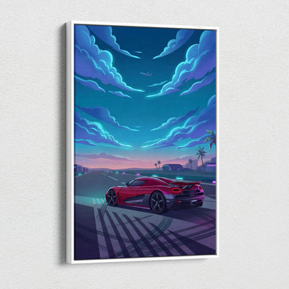 Koenigsegg Agera Inspired Red Blue Canvas Wall Art, Vaporwave Hypercar Artwork, Neon Runway Garage Decor, Retro Futuristic Exotic Print