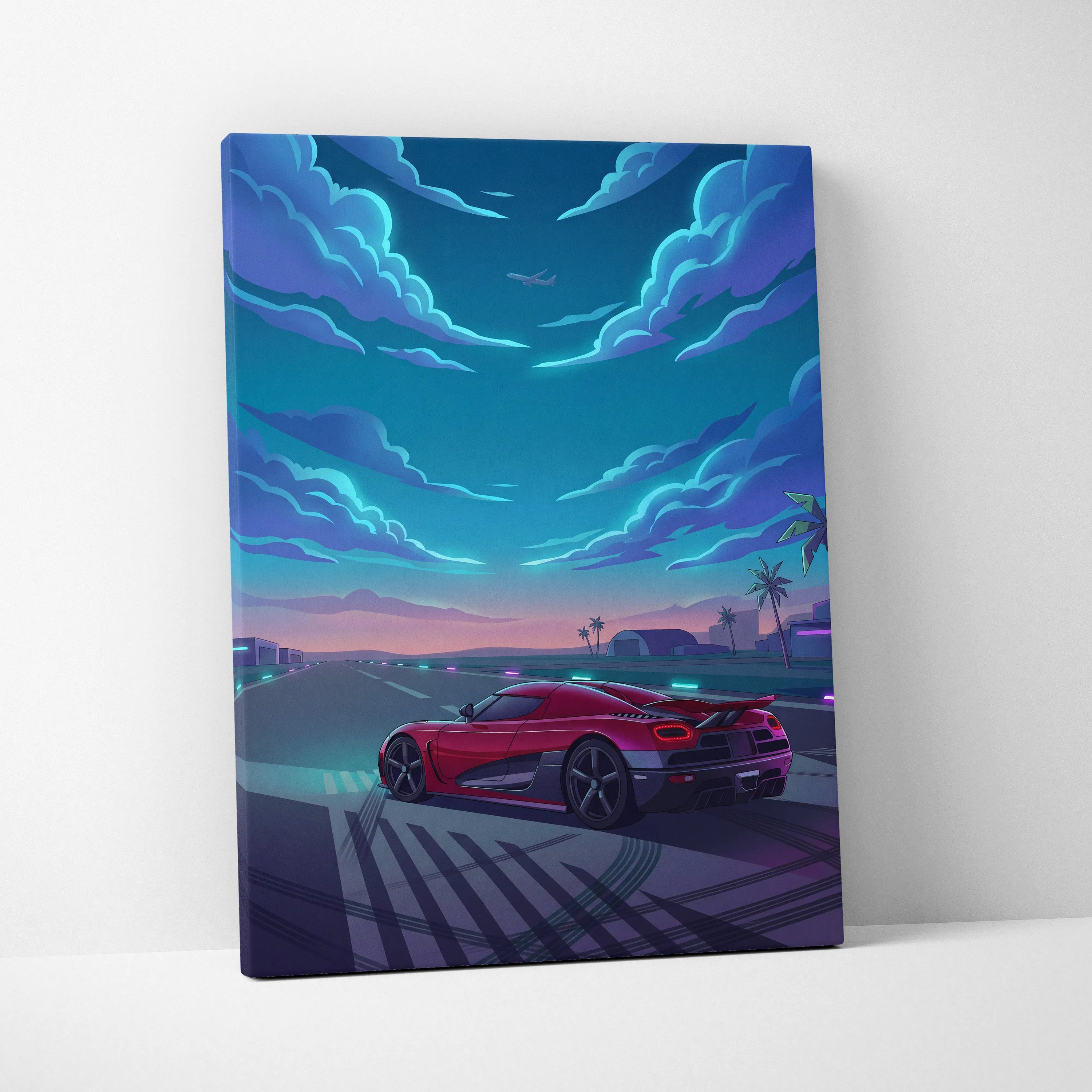 Koenigsegg Agera Inspired Red Blue Canvas Wall Art, Vaporwave Hypercar Artwork, Neon Runway Garage Decor, Retro Futuristic Exotic Print