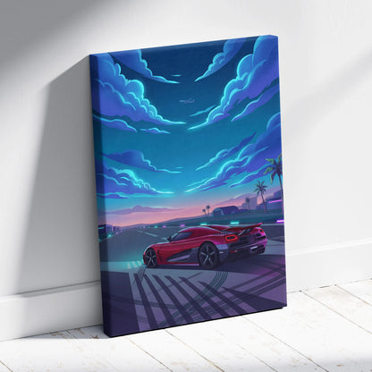 Koenigsegg Agera Inspired Red Blue Canvas Wall Art, Vaporwave Hypercar Artwork, Neon Runway Garage Decor, Retro Futuristic Exotic Print