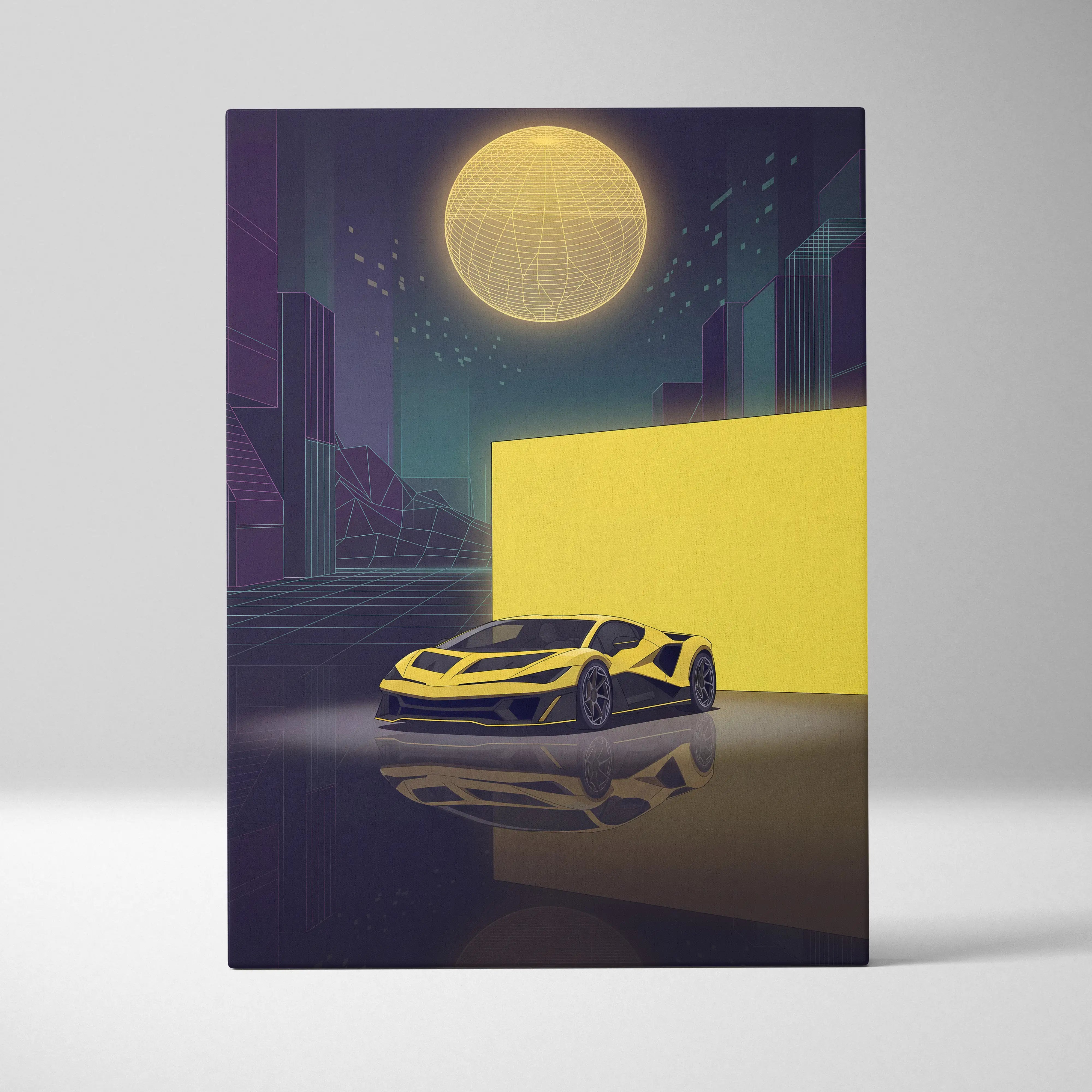 Yellow sports car with black accents featured in hennessey venom f5 inspired vaporwave supercar canvas wall art