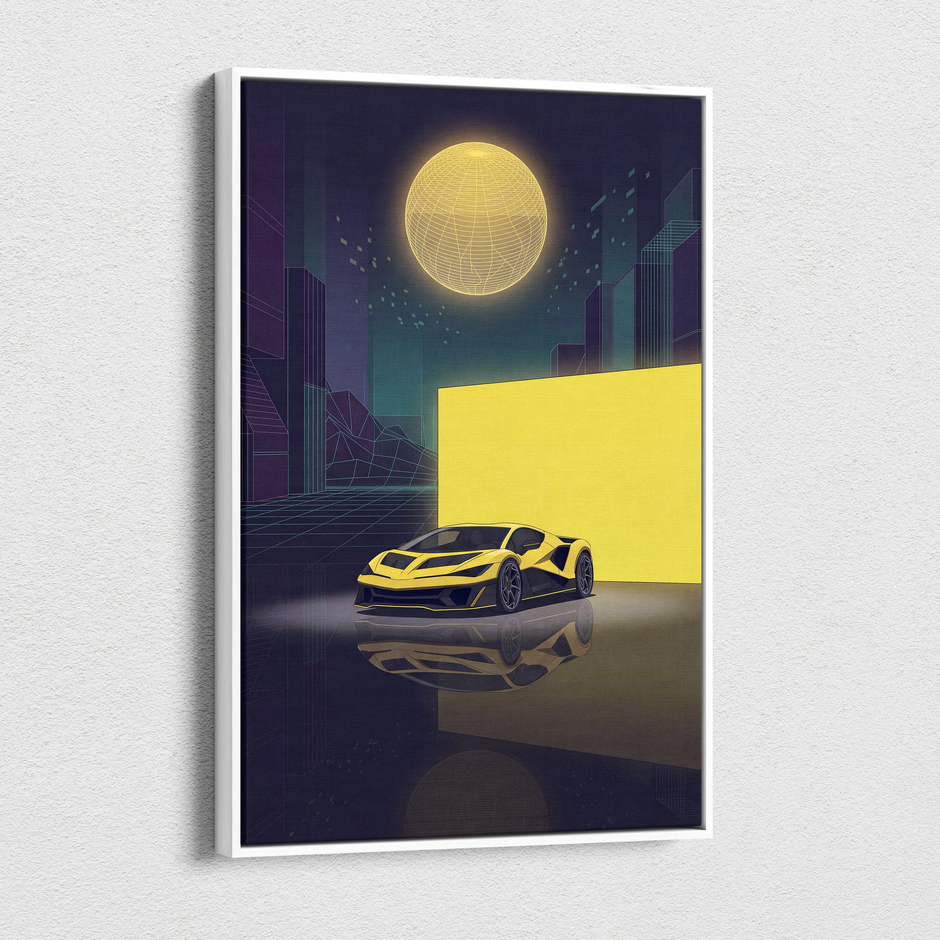 Hennessey Venom F5 Inspired Yellow Purple Canvas Wall Art, Vaporwave Supercar Artwork, Neon City Garage Decor, Retro Futuristic Exotic Print