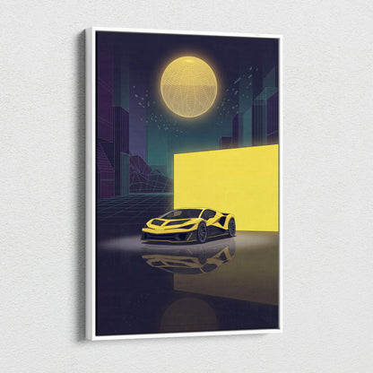 Hennessey Venom F5 Inspired Yellow Purple Canvas Wall Art, Vaporwave Supercar Artwork, Neon City Garage Decor, Retro Futuristic Exotic Print