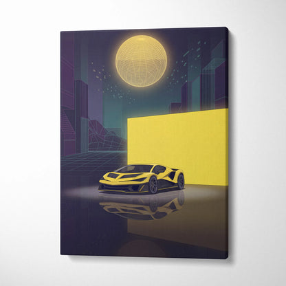 Hennessey Venom F5 Inspired Yellow Purple Canvas Wall Art, Vaporwave Supercar Artwork, Neon City Garage Decor, Retro Futuristic Exotic Print