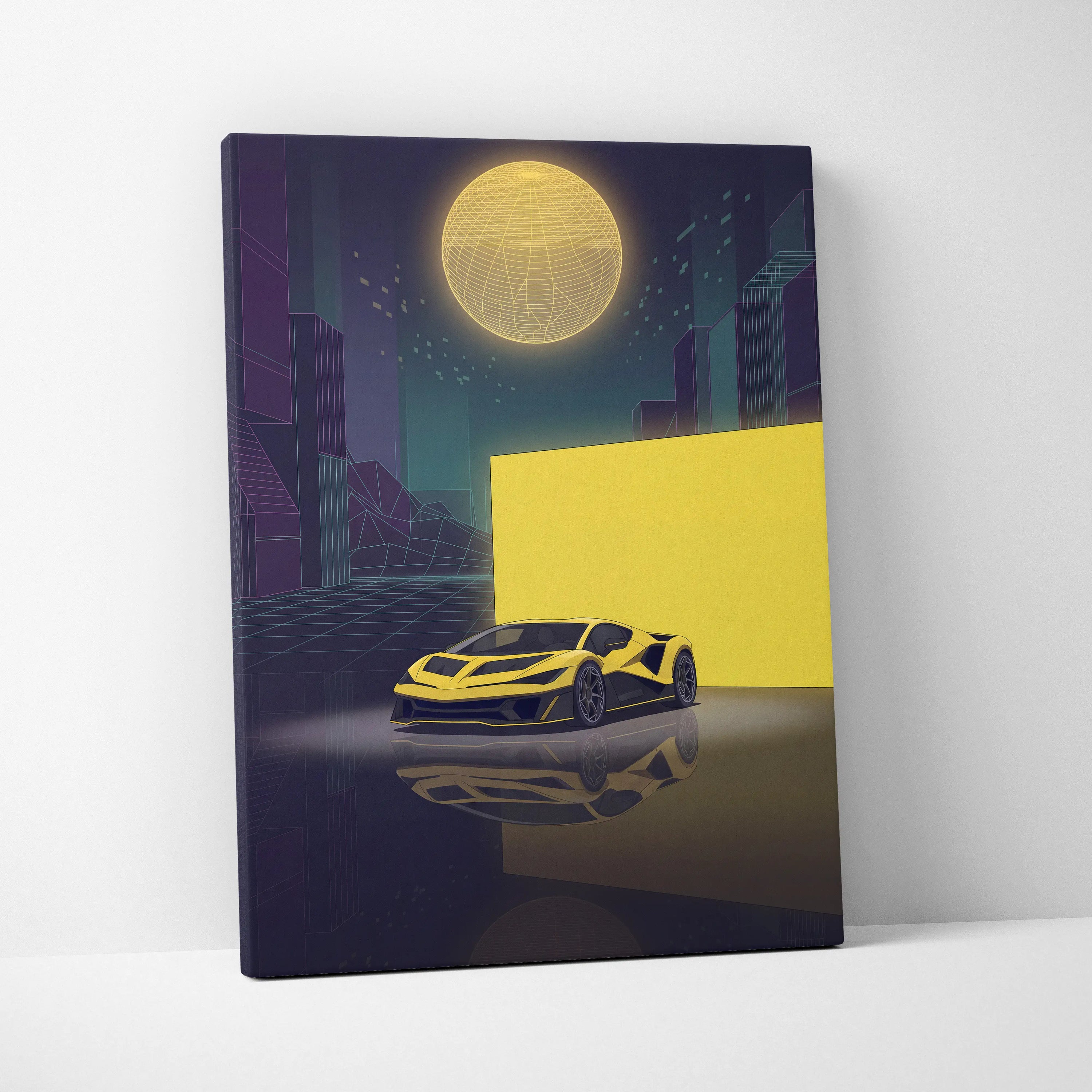 Hennessey Venom F5 Inspired Yellow Purple Canvas Wall Art, Vaporwave Supercar Artwork, Neon City Garage Decor, Retro Futuristic Exotic Print