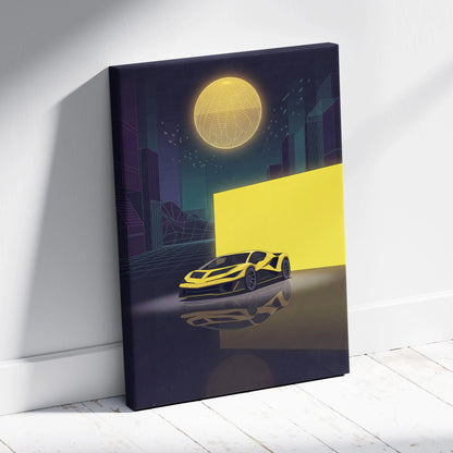 Hennessey Venom F5 Inspired Yellow Purple Canvas Wall Art, Vaporwave Supercar Artwork, Neon City Garage Decor, Retro Futuristic Exotic Print