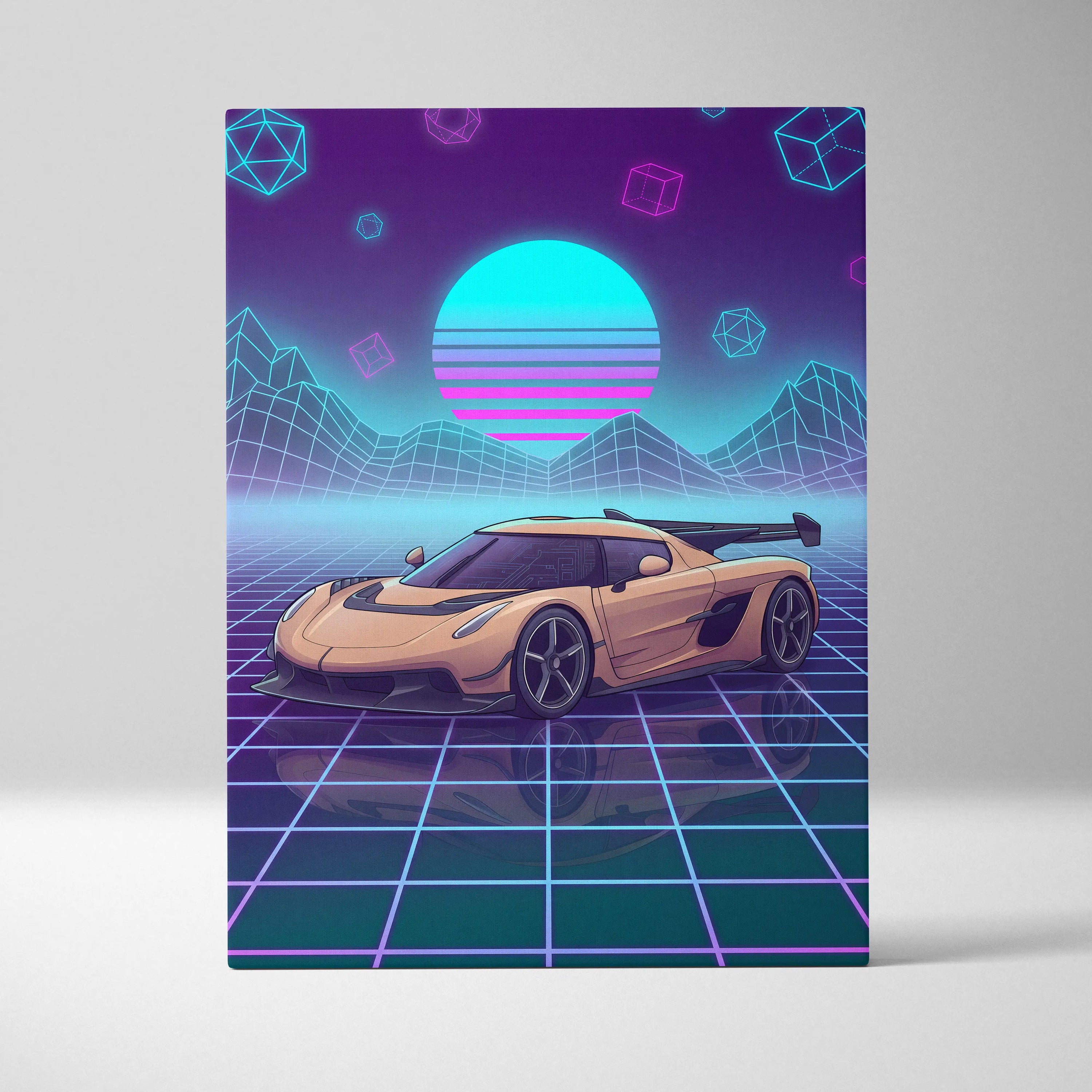 Koenigsegg Jesko Inspired Gold Purple Canvas Wall Art, Vaporwave Hypercar Artwork, Neon Grid Garage Decor, Retro Futuristic Exotic Car Print