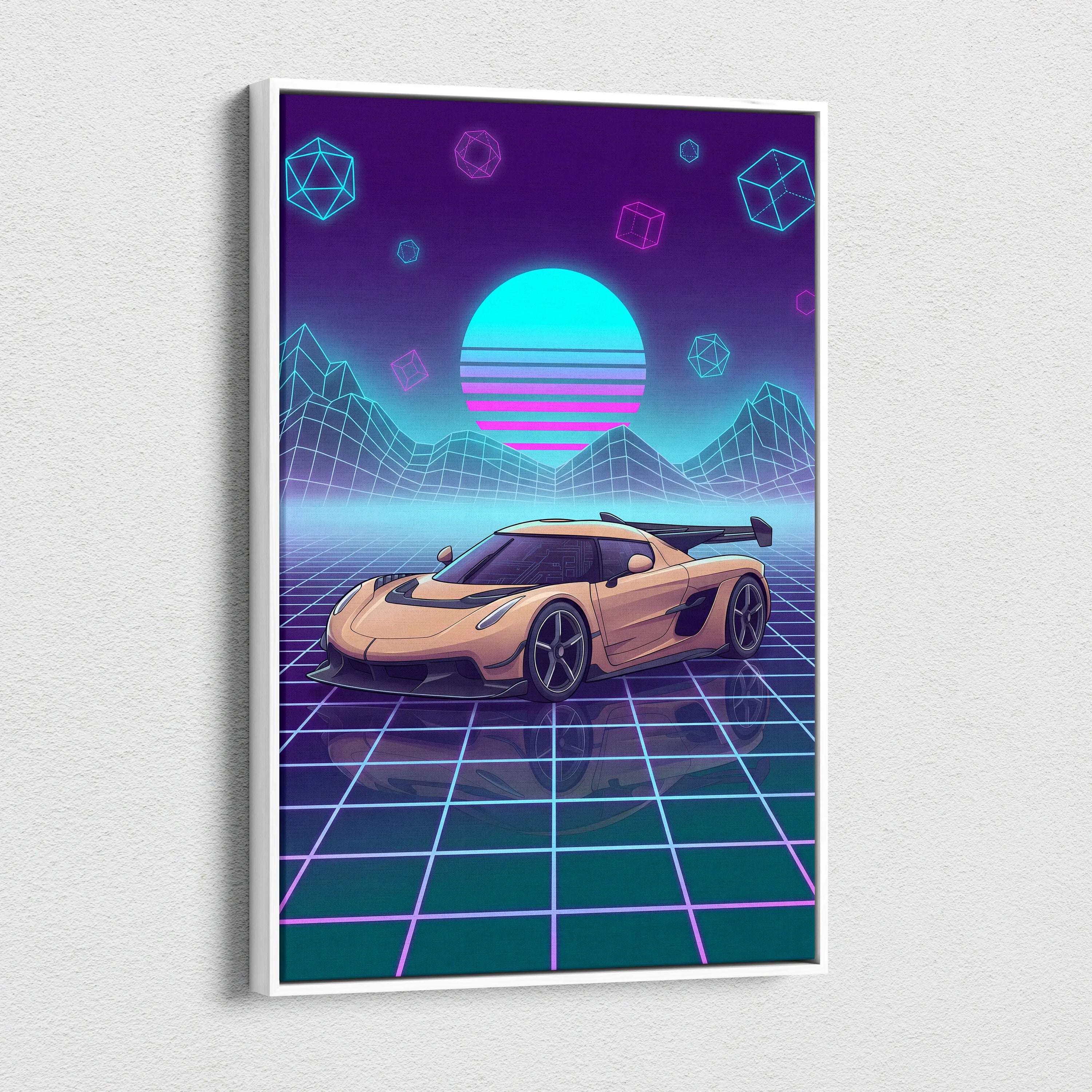 Koenigsegg Jesko Inspired Gold Purple Canvas Wall Art, Vaporwave Hypercar Artwork, Neon Grid Garage Decor, Retro Futuristic Exotic Car Print