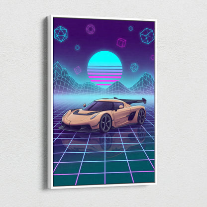 Koenigsegg Jesko Inspired Gold Purple Canvas Wall Art, Vaporwave Hypercar Artwork, Neon Grid Garage Decor, Retro Futuristic Exotic Car Print