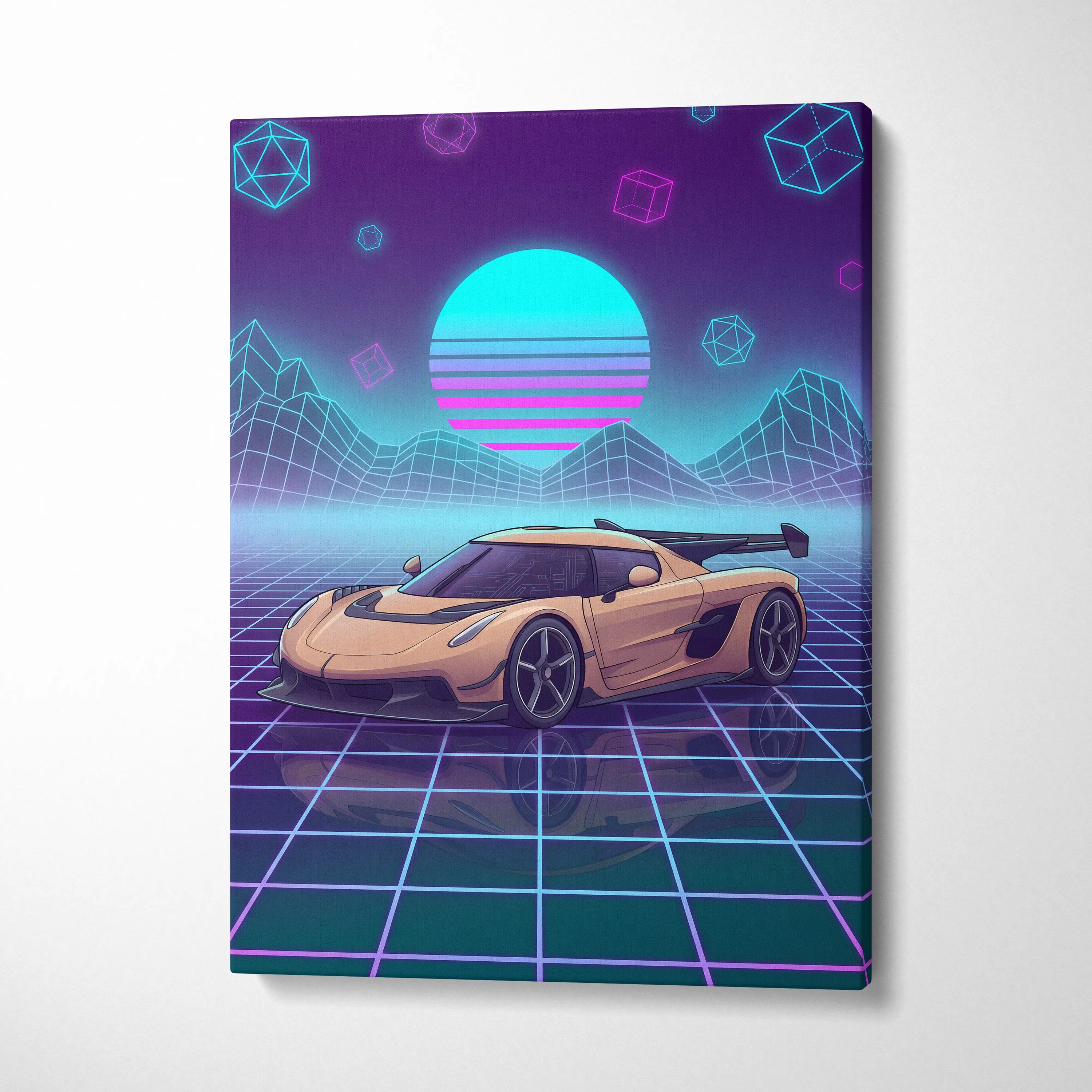 Koenigsegg Jesko Inspired Gold Purple Canvas Wall Art, Vaporwave Hypercar Artwork, Neon Grid Garage Decor, Retro Futuristic Exotic Car Print