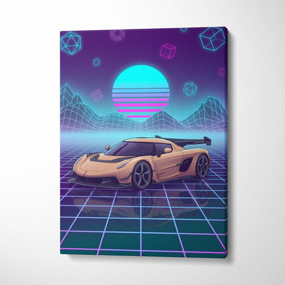 Koenigsegg Jesko Inspired Gold Purple Canvas Wall Art, Vaporwave Hypercar Artwork, Neon Grid Garage Decor, Retro Futuristic Exotic Car Print