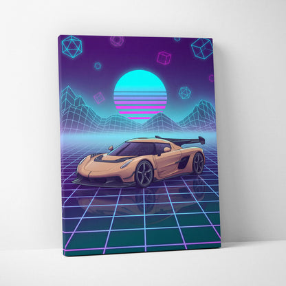 Koenigsegg Jesko Inspired Gold Purple Canvas Wall Art, Vaporwave Hypercar Artwork, Neon Grid Garage Decor, Retro Futuristic Exotic Car Print
