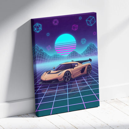 Koenigsegg Jesko Inspired Gold Purple Canvas Wall Art, Vaporwave Hypercar Artwork, Neon Grid Garage Decor, Retro Futuristic Exotic Car Print